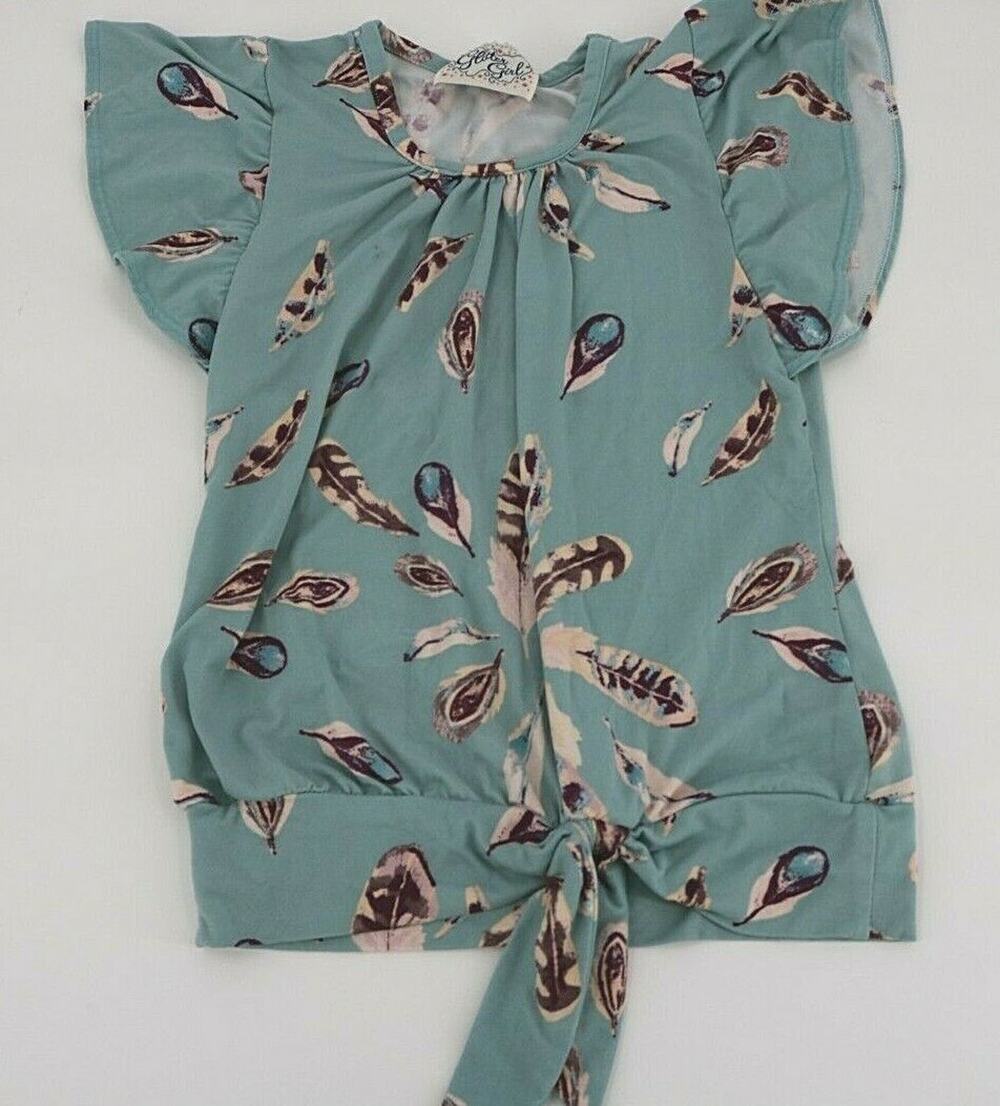 Glitter Girl Feather Ruffled Short Sleeve Ruched Tie Shirt Kids Youth 